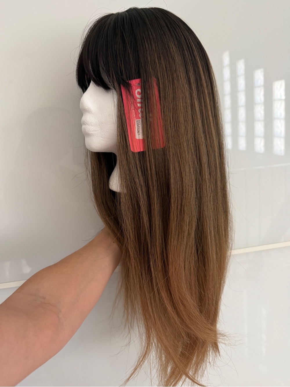 Synthetic Long Ombre Wig with Bangs - Brown to Light Brown